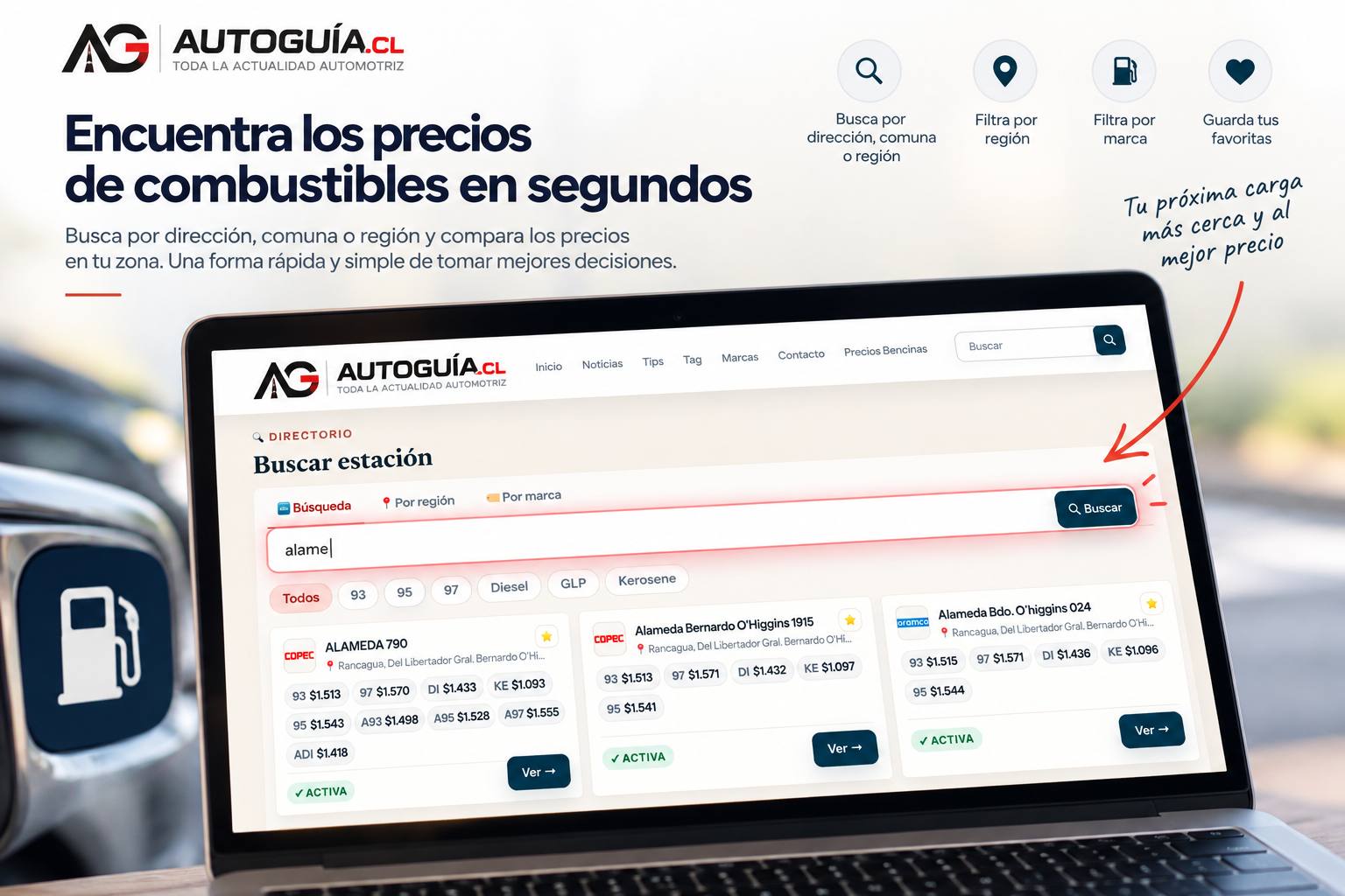 Buscador por dirección, región, comuna o estacion de servicio - Autoguía